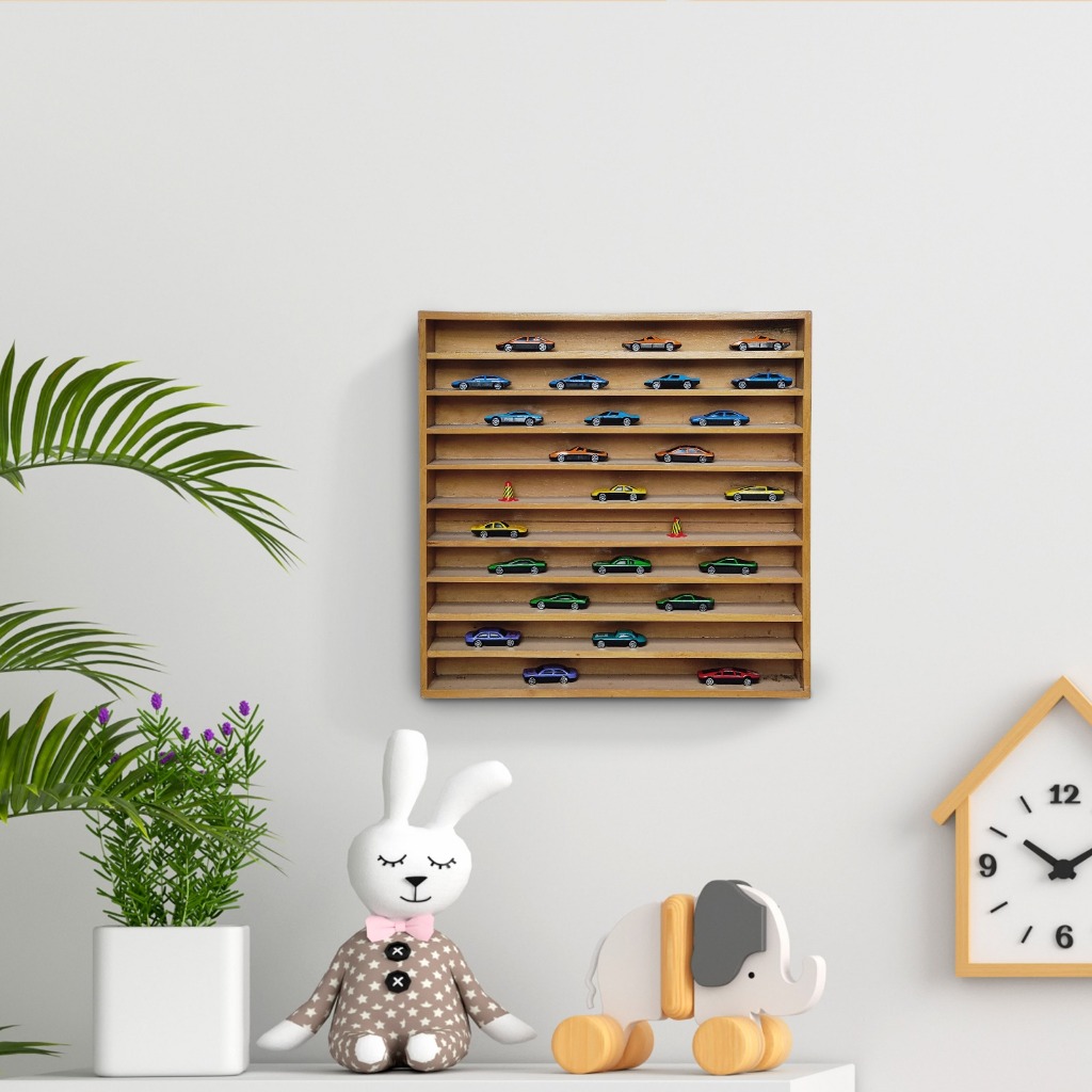 Rak Diecast Hotwheel Dinding Tempat Mobil Imitasi Koleksi Standart Kayu Isi 50 Free Custom Warna