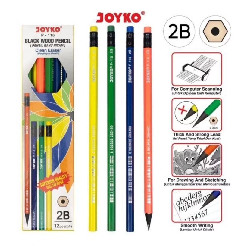 

Pensil + penghapus Joyko P-116 Pencil 1 Pack isi 12 Pcs Kualitas Super