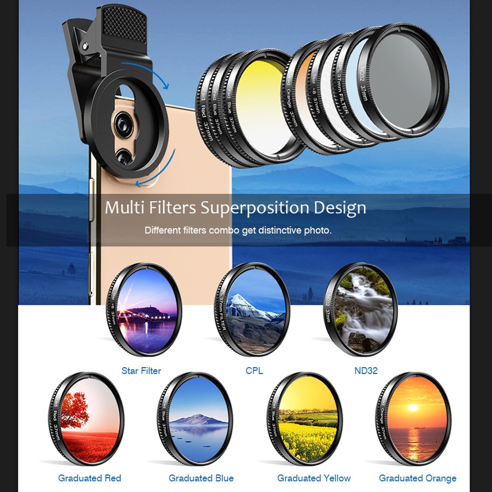 APEXEL APL-37UV-7G Lensa Filter Tambah Kamera HP Smartphone Iphone ND CPL 7in1 37mm with Clip