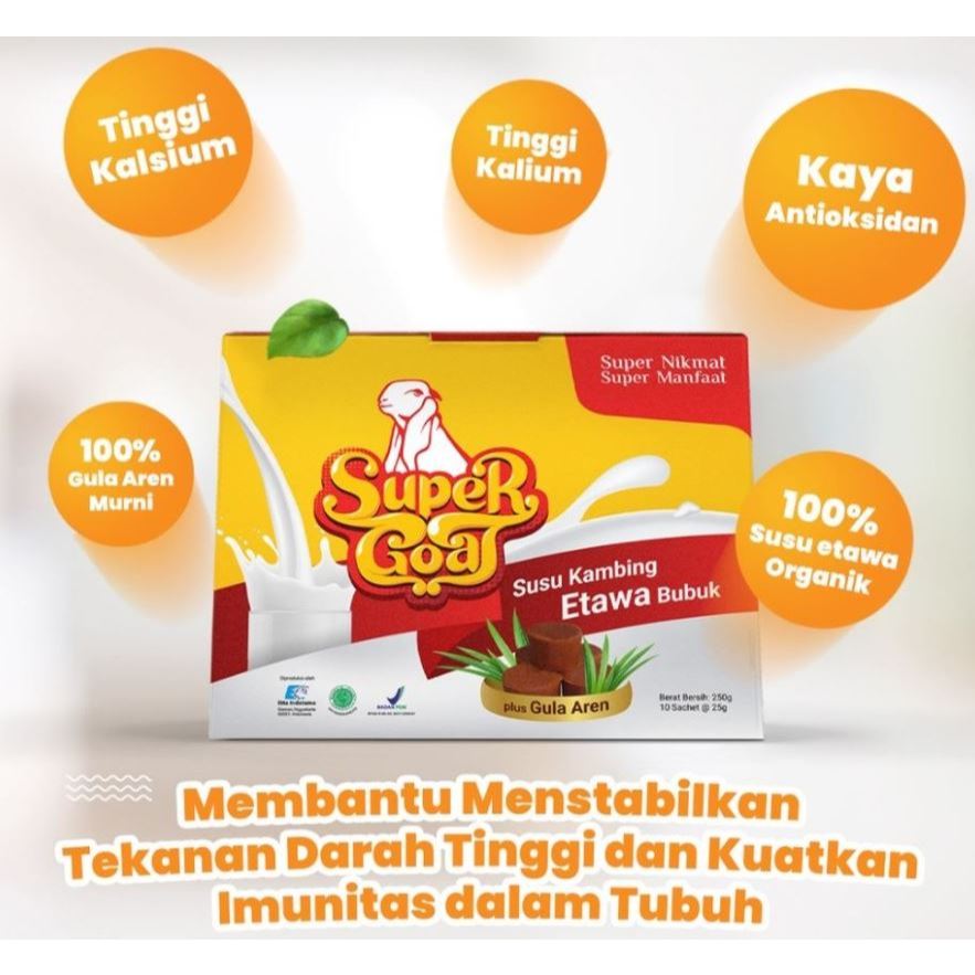 

Susu Kambing Ettawa Bubuk Supergoat Menu Sehat dengan Tambahan Manis Gula Aren 10 Sachet @ 250gr BPOM HALAL