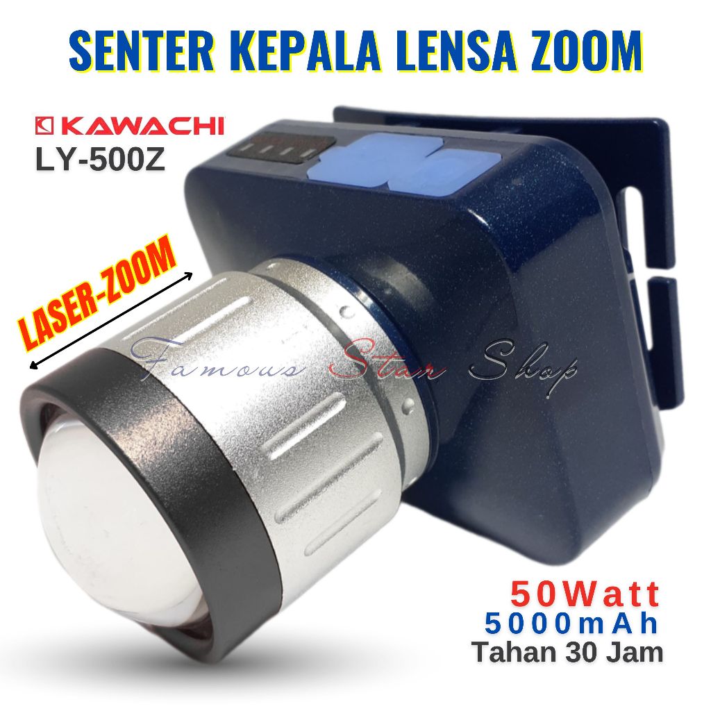 Senter Kepala KAWACHI Lensa Zoom Laser Terbaru Daya 50 Watt Tahan Air Dan Benturan LY-500Z Ready Cah