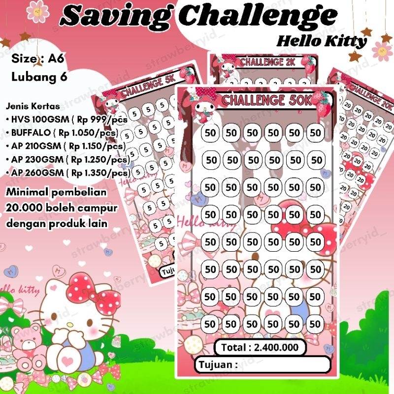 

♡•♡ Strawberryid 024 ♡•♡ 1 lembar kertas menabung versi sanrio Hello Kitty tebal untuk binder ukiran A6 6 lubang saving challenge lucu