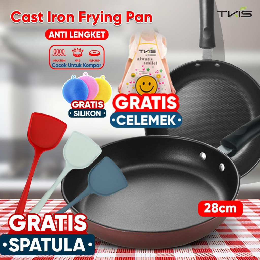 [ OFFICIAL SALE ] TKIS Wajan Penggorengan Besi Anti Lengket Teflon FryPan Warna Hitam Maron Ukuran 2