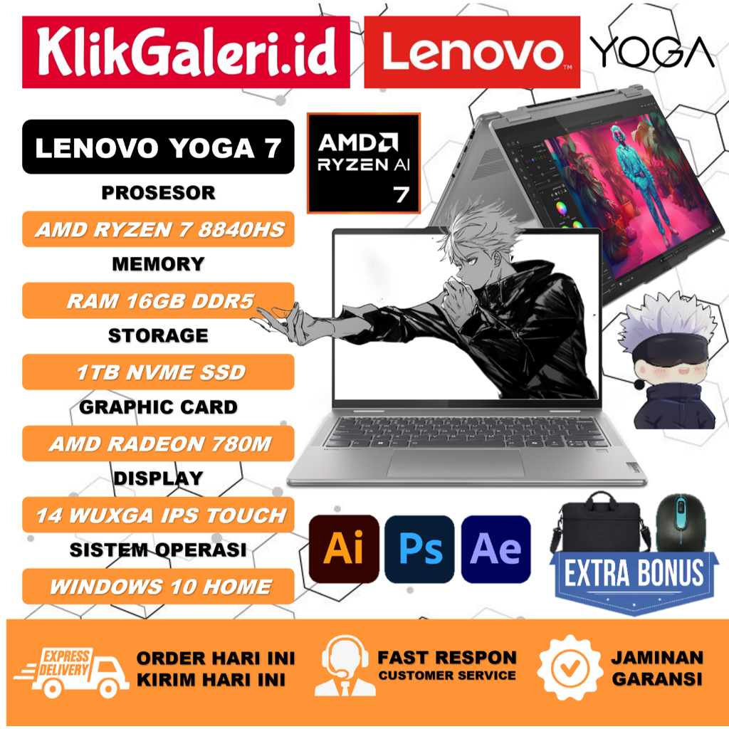 Lenovo Yoga 7 2 in 1 14AHP9 Amd Ryzen 7 8840HS RAM 16GB 1TB SSD RADEON 780M WUXGA IPS Touchscreen