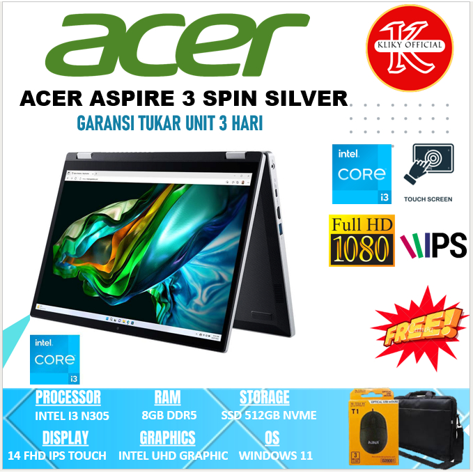 Laptop Touchscreen Acer Aspire 3 Spin Intel Core i3 8 Core Ram 8 GB ssd 512 GB
