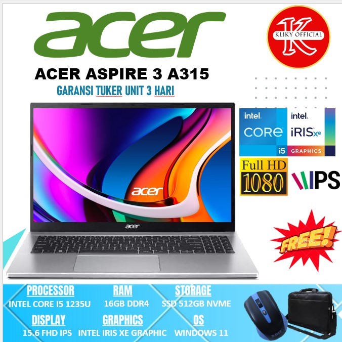 Laptop Kerja Acer Aspire 3 A315 Intel Core i5 Gen12 Ram 16Gb Ssd 512GB Silver