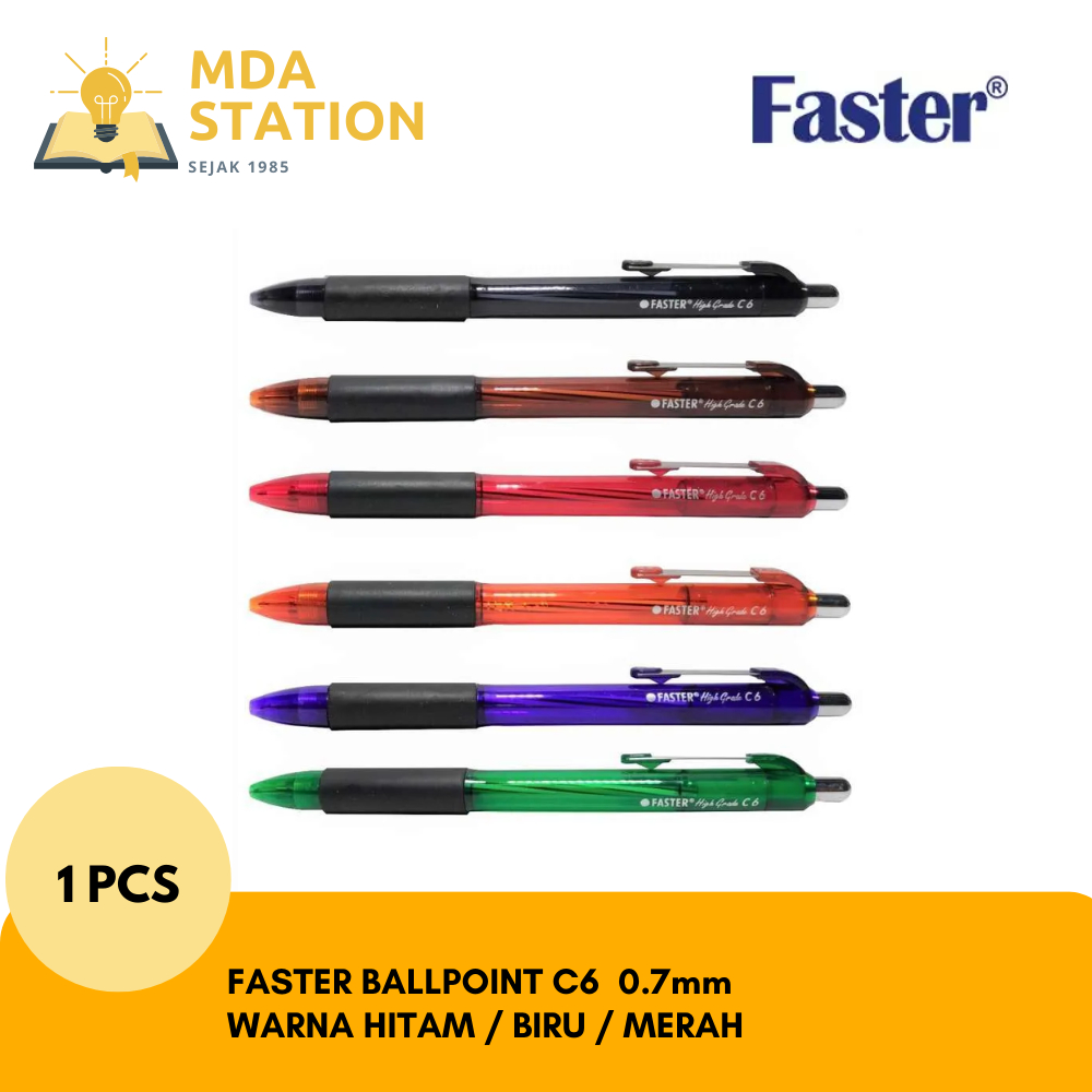 

FASTER Ballpoint Retractable C6 0.7mm Warna Hitam / Biru / Merah (SATUAN) | MDA STATION