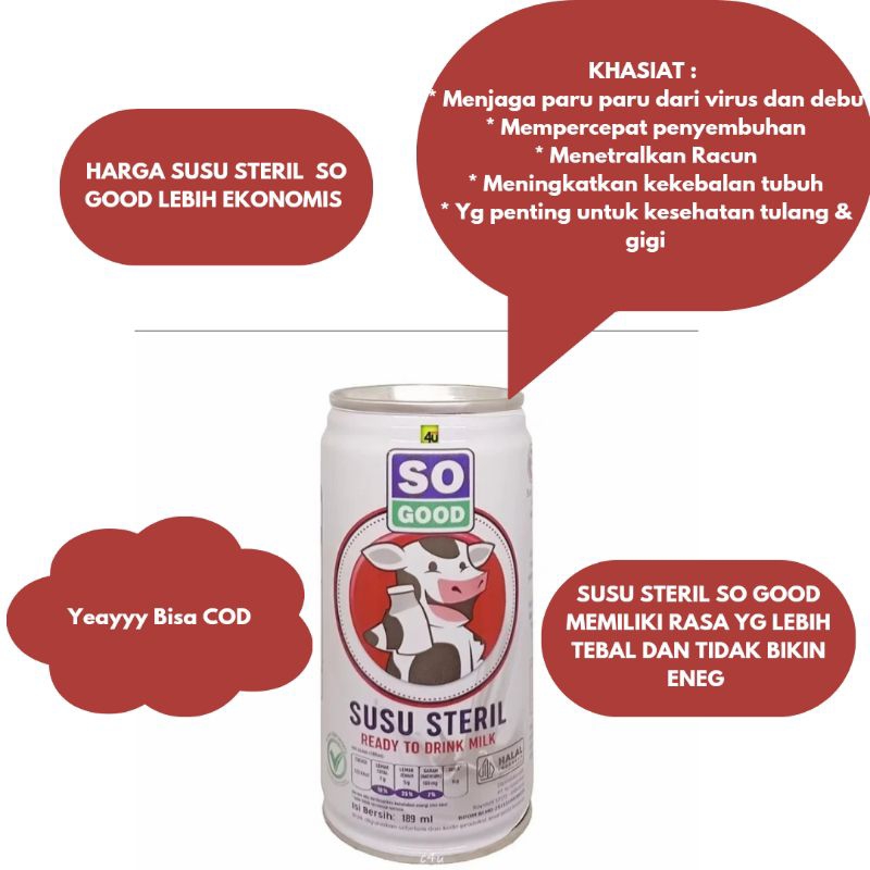 

(TERMURAH!) SUSU STERIL SO GOOD kaleng 189ml satuan _ susu sapi murni sterilisasi So Good