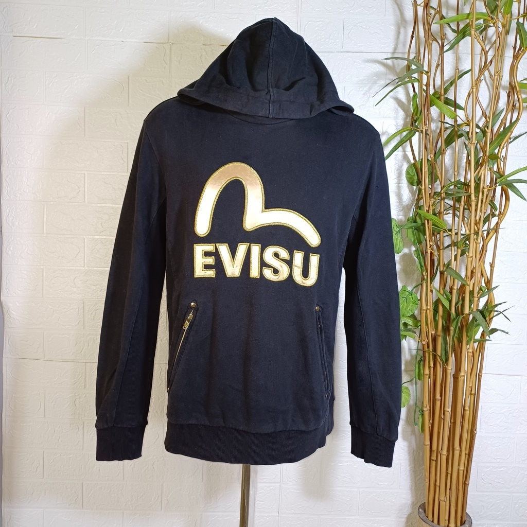 HOODIE EVISU UNIQUE JEANS (SECOND BRANDED) SIZE M-L, HITAM, HD0075