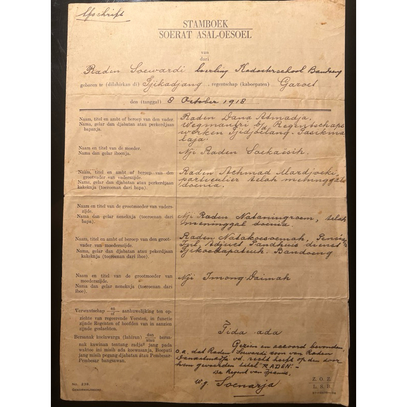 

koleksi dokumen kuno Surat Asal Usul/ Akta Era Kolonial 1936