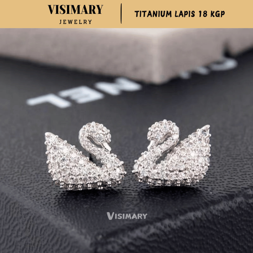 VISIMARY - A106 ANTING TITANIUM PREMIUM WANITA Anting Pesta Model Angsa Full Diamond Putih Lapis Ema