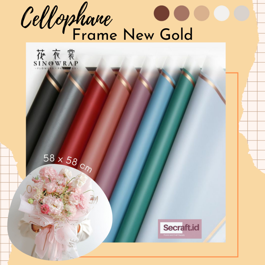 

FLOWER WRAPPING PAPER NEW GOLD FRAME TRANSPARAN / Kertas Bunga Cellophane Terbaru Murah