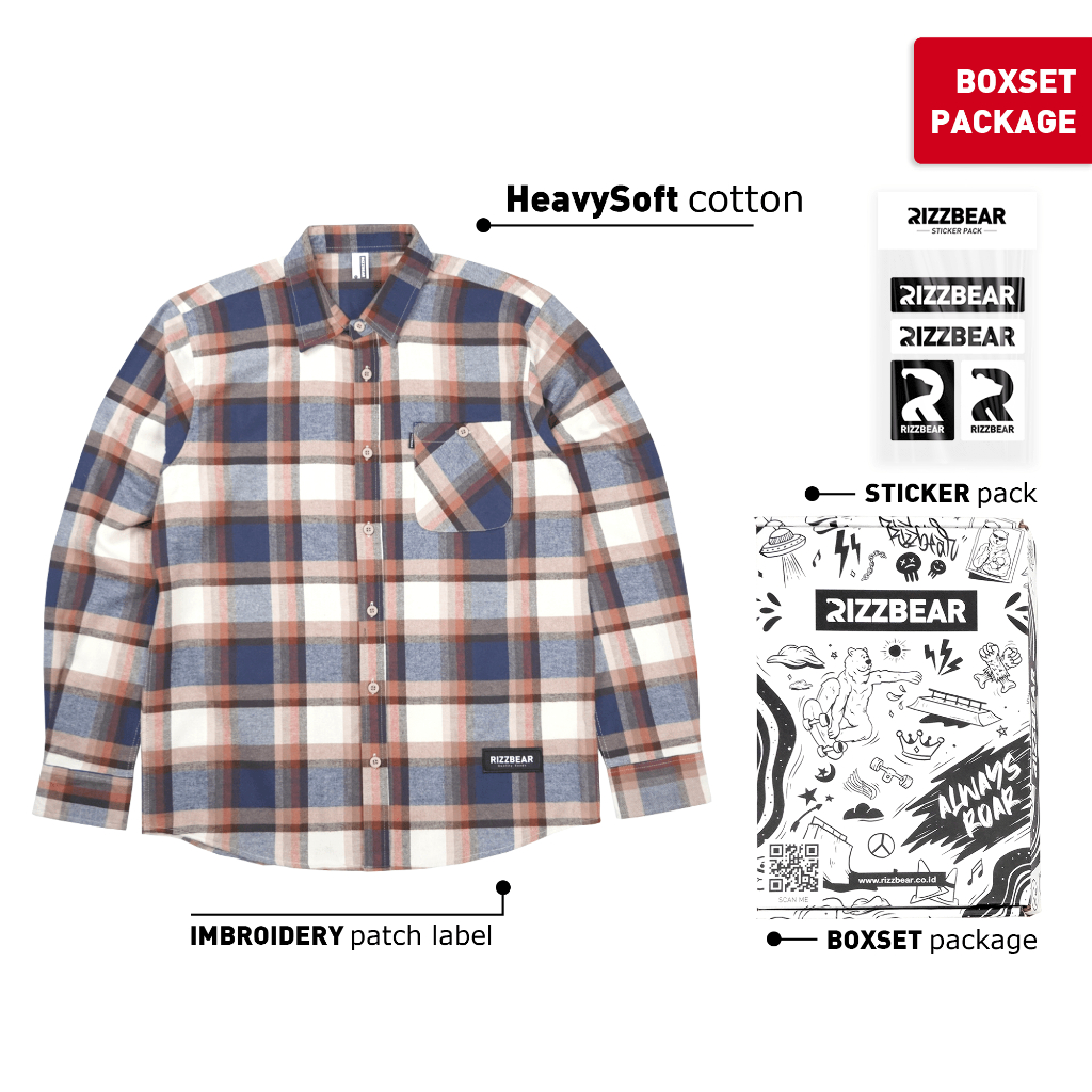 RIZZBEAR Kemeja Panjang Pria Flanel Kotak Kotak Keren Original Hem Distro OfficialStore