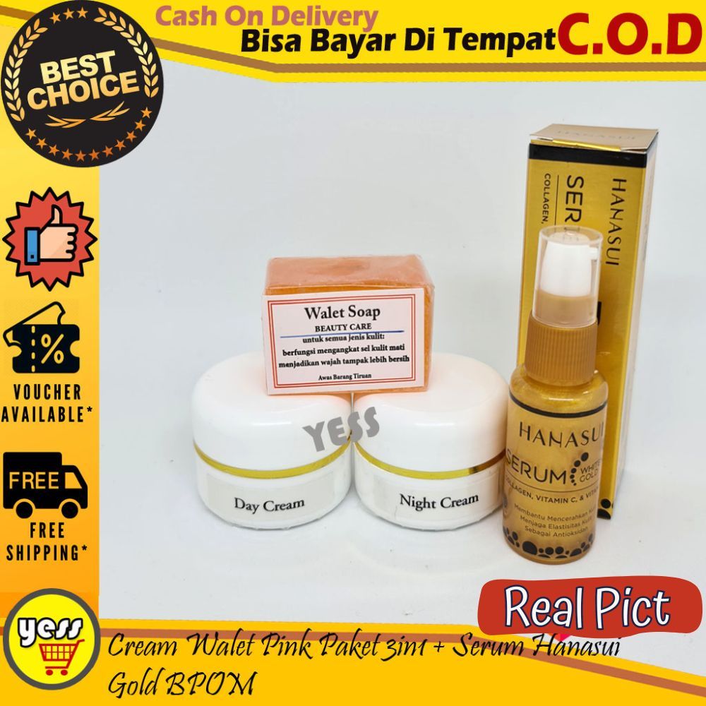 ( BISA COD ) Cream Walet Pink 3in1 + Hanasui Serum Gold Isi Cream Siang, Malam, Sabun, Serum Origina