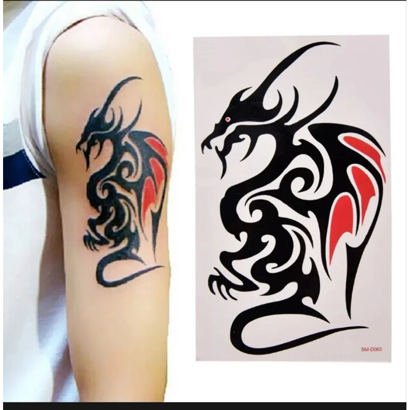 Sticker Tattoo Tatto Tato Temporer Temporary Tahan Air Motid 3D Dragon Naga Merah Hitam Besar Ukuran