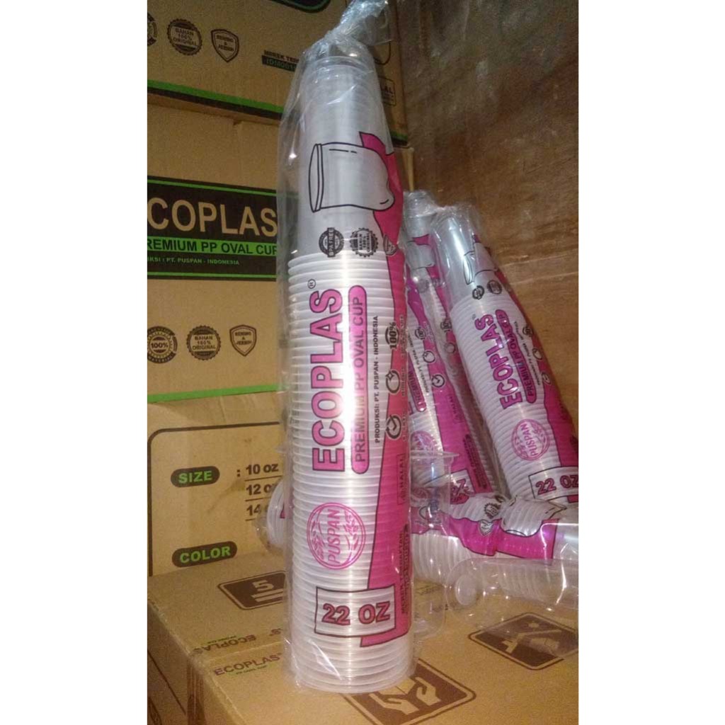 Gelas Cup PUSPAN premium 22 oz oval 8 gram merek ecoplas isi 50pc-Foodgrade-mudah dipress