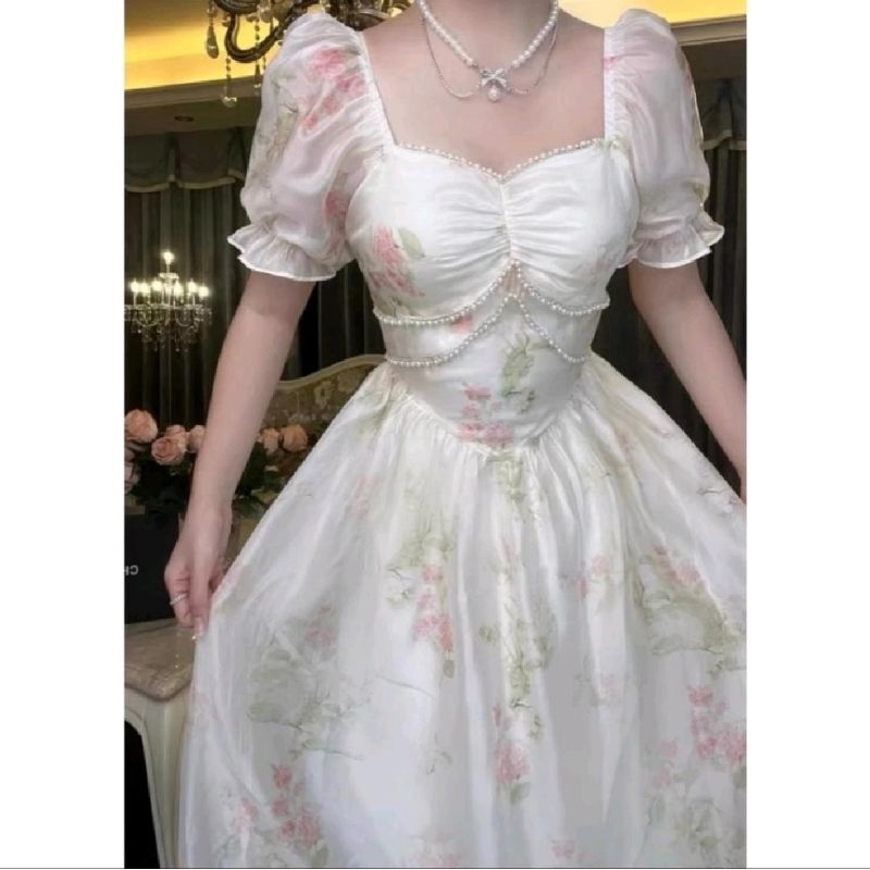Dress Bunga Putih French girl Mididress, dress pantai, dress bunga