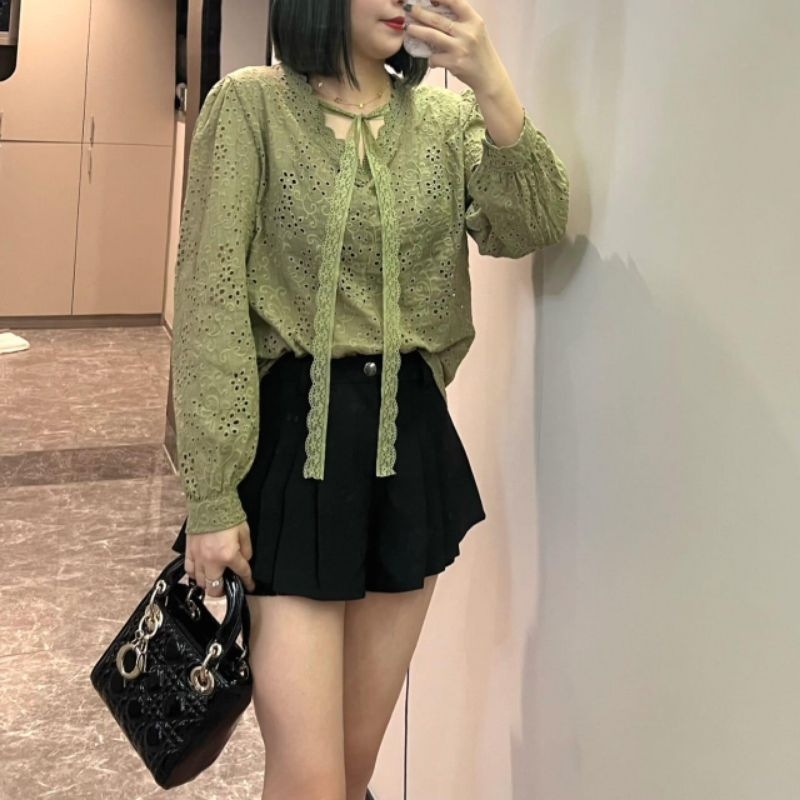 2901 Baju atasan blouse ARALYN EMBROIDERY COTTON VNECK bordir lengan panjang Korean style wanita pre