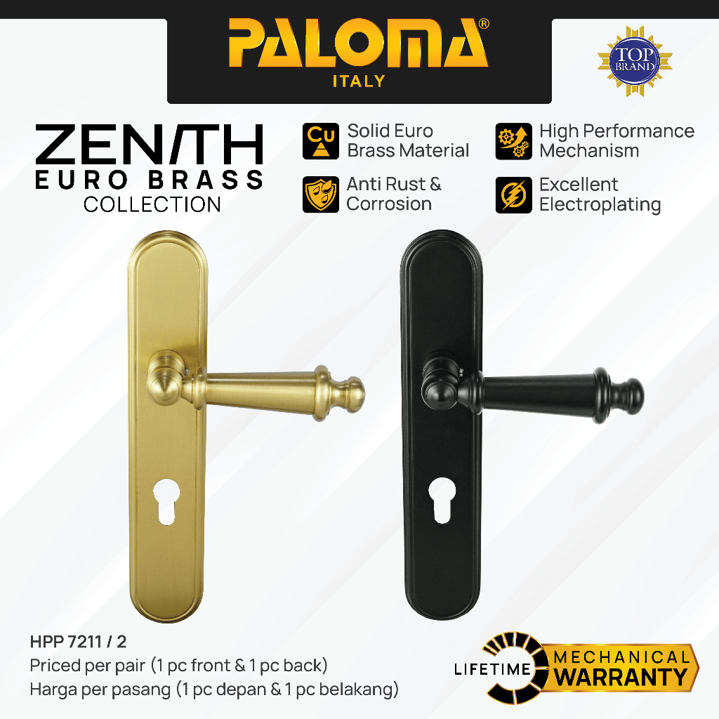 PALOMA Gagang Pintu Door Handle Plate Lever Euro Brass Kuningan Zenith Prague Emas Gold Black Hitam 