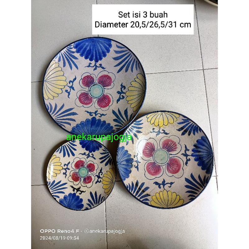 3 buah piring keramik lukis motif bunga retak 1000 di buat seperti antik kuno untuk dekorasi hiasan 