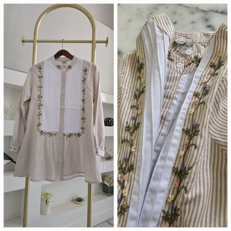 Blouse exclusive katun jepang motif salur mix sulam handmade ori by Edness Kayla