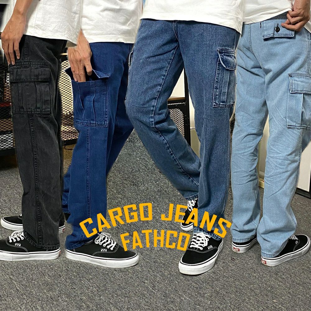 Long Cargo pants jeans Celana cargo jeans loose fit Reguler Standard Black Sandwash Celana Cargo Pri