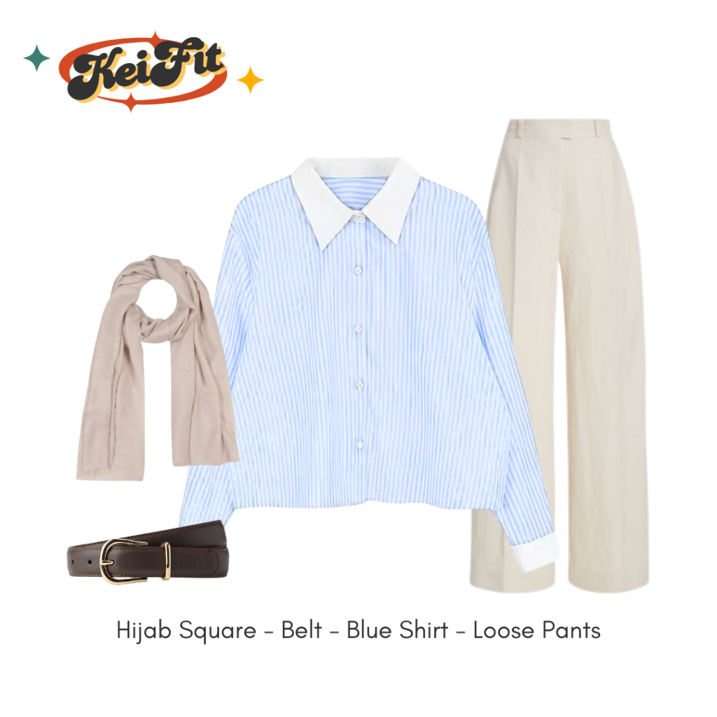 Skisblue - Outfit Korea - OOTD Korea - One Set Korea - One Set Korea Hijab - Kemeja Strip - Kulot