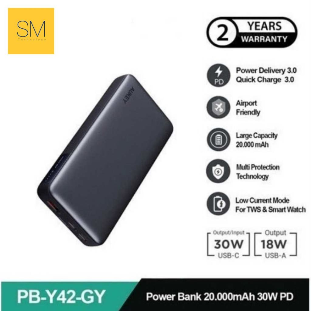 AUKEY Power bank 20000mah PB-Y42-GY USB C 30W PD 3.0 Slim