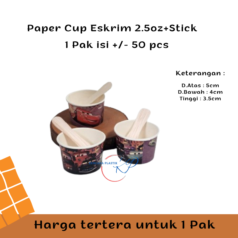 Cup Ice Cream Kertas 2.5oz Motif l Paper Cup Es Krim 2,5oz + Sendok Kayu Motif Random Isi 50pcs