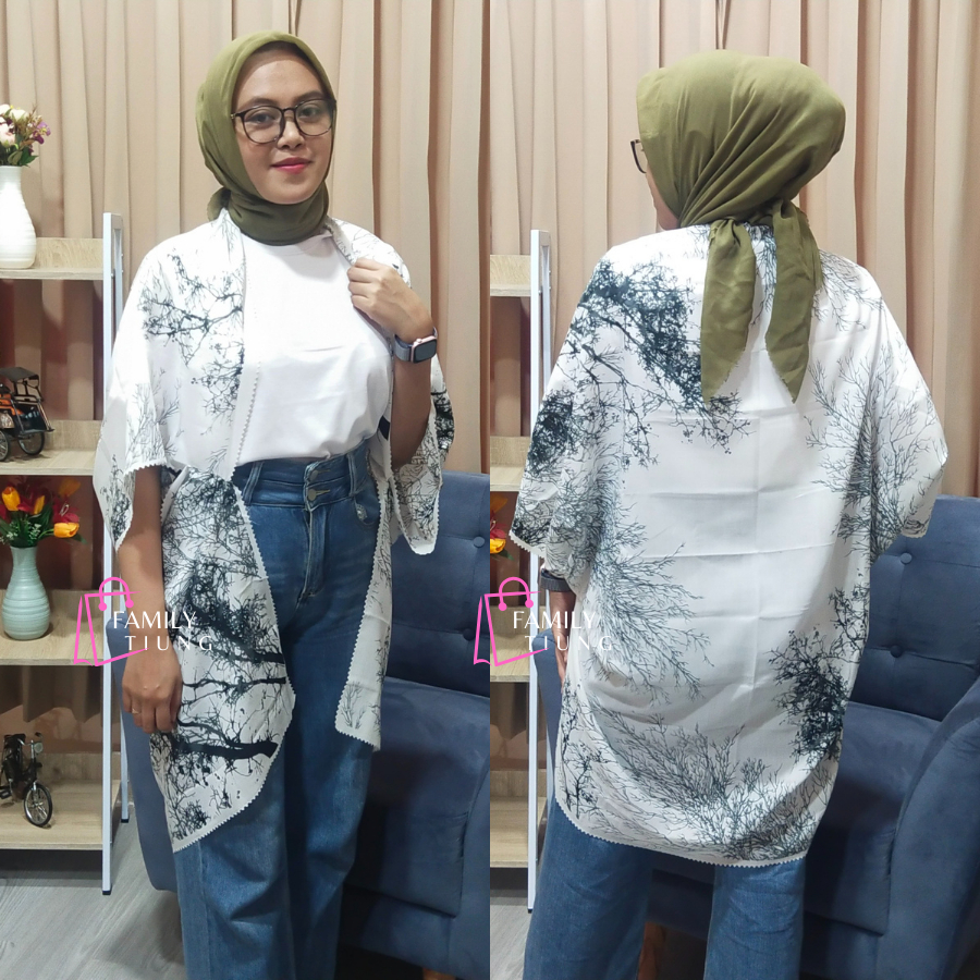 Outer Scar Cardigan Voal Motif Anggrek Putih/ Outer Scarf Batwing/ Outer Cardigan Panjang Kondangan