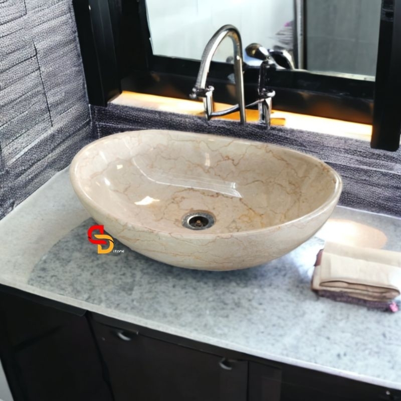 Wastafel  marmer oval | Super Aesthetic glossy | Kamar Mandi minimalis | Cucitangan Set | Wastafel M