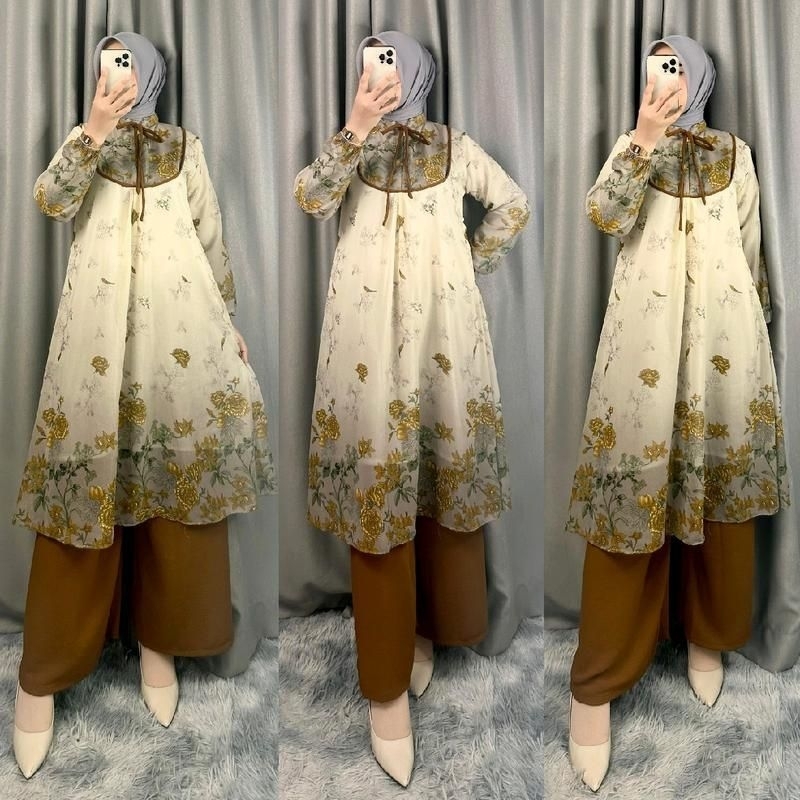 Set Long tunik salsabila ceruty premium full furing hyget kaos resleting depan busui friendly Tunik 