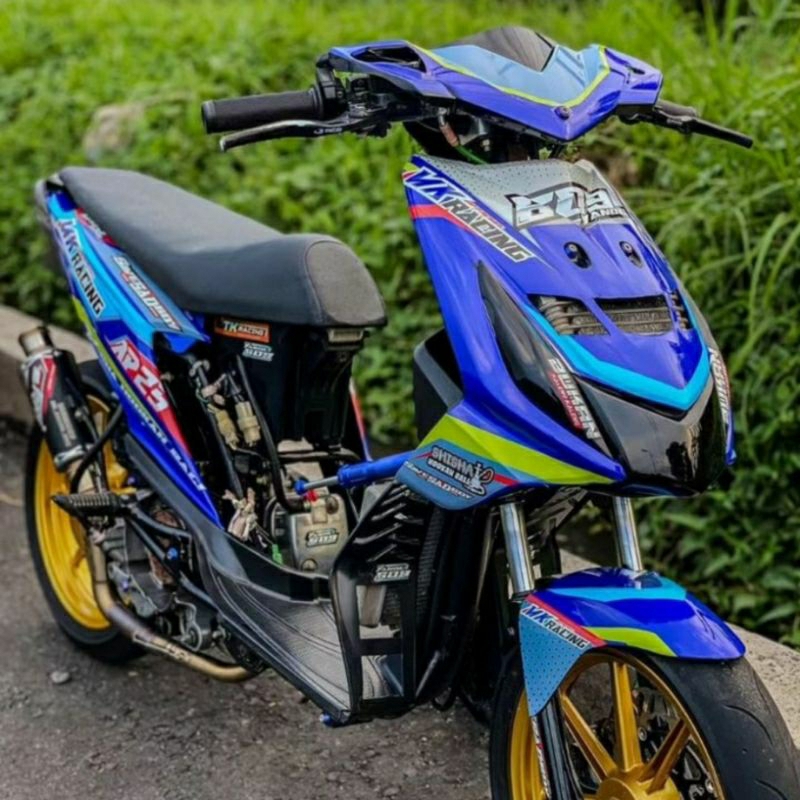 Striping Decal Stiker Sticer Motor Honda Beat Karbu Fi Esp Street Deluxe Custom Riquest Hitam Biru M