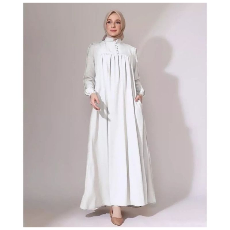 GAMIS TERUSAN WARNA PUTIH POLOS/DRESS WANITA BAHAN TOYOBO FODU