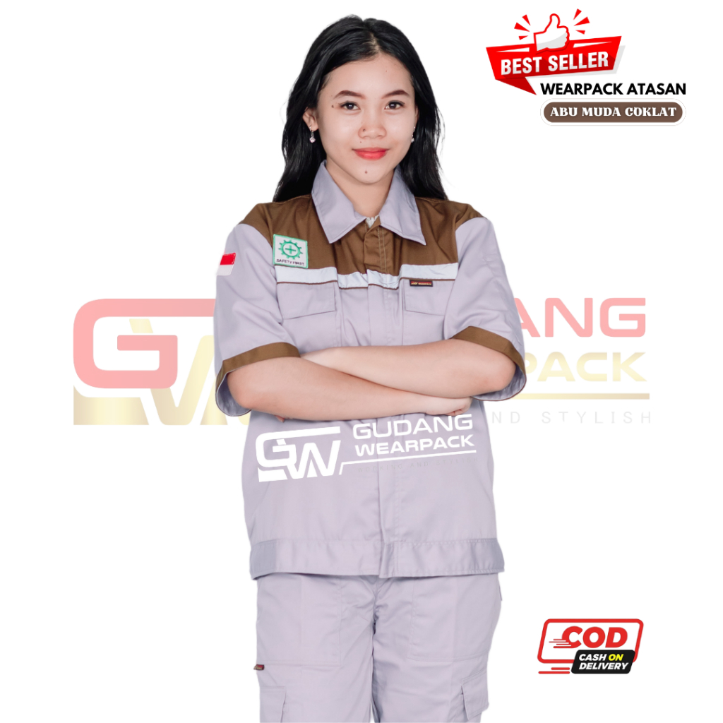Wearpack Atasan Lengan Pendek Lis - Warna Abu muda Coklat (baju kerja) - gudang wearpack