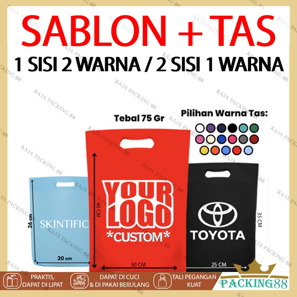 

CUSTOM SABLON PLUS TAS Goodie Bag OVAL Tas Belanja 1 SISI 2 WARNA / 2 SISI 1 WARNA 75GSM Totebag Spunbond Kantong Tas Souvenir