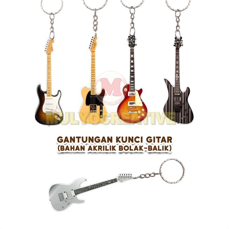 Ganci Gitar Akrilik Bolak Balik Gantungan Kunci Keychain Guitar Gambar Ibanez Fender Gibson