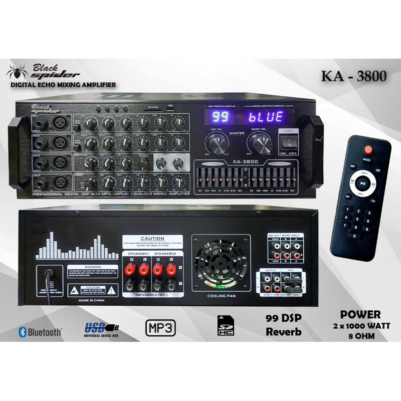 BLACKSPIDER AMPLIFIER BLACK SPIDER KARAOKE BLACK SPIDER KA 3800 DSP POWER MIXER BLACKSPIDER KA3800 A