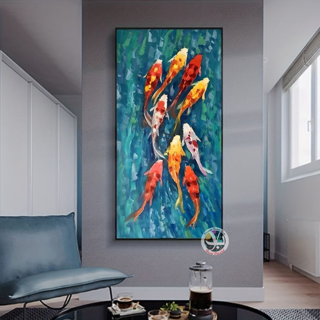 Lukisan kanvas ikan koi fhengsui - lukisan ikan koi 9 ekor expresip - lukisan ikan koi
