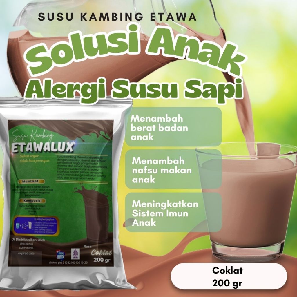 

Susu Kambing Etawa grade A ATASI NYERI SENDI DAN PERNAFASAN Varian COKLAT 200 GR etawalux