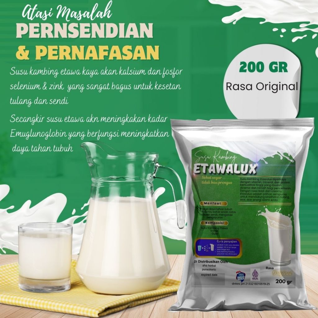 

Susu Kambing Etawa Bubuk PREMIUM GRADE A ETAWALUX 200 GR rasa original atasi masalah persendian dan pernafasan