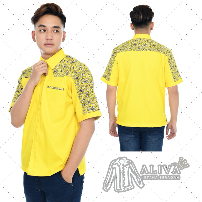 Baju Seragam Kerja Batik Laki Laki Warna Kuning | Baju Kemeja Pria Lengan Pendek