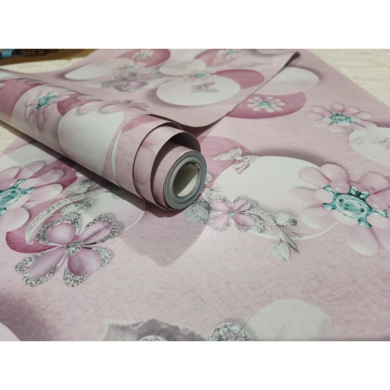 Wallpaper Sticker Dinding POLKADOT BUNGA PINK 3D