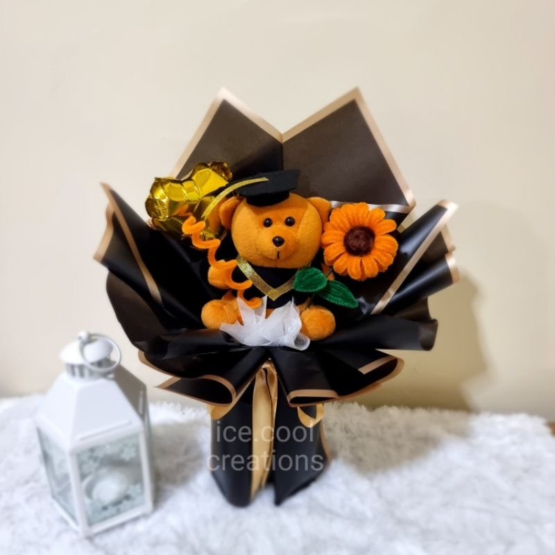 Buket Wisuda, Buket Bunga Wisuda Cowok, Buket Bunga Kawat Bulu, Pipe Cleaner Flower, Bunga Matahari