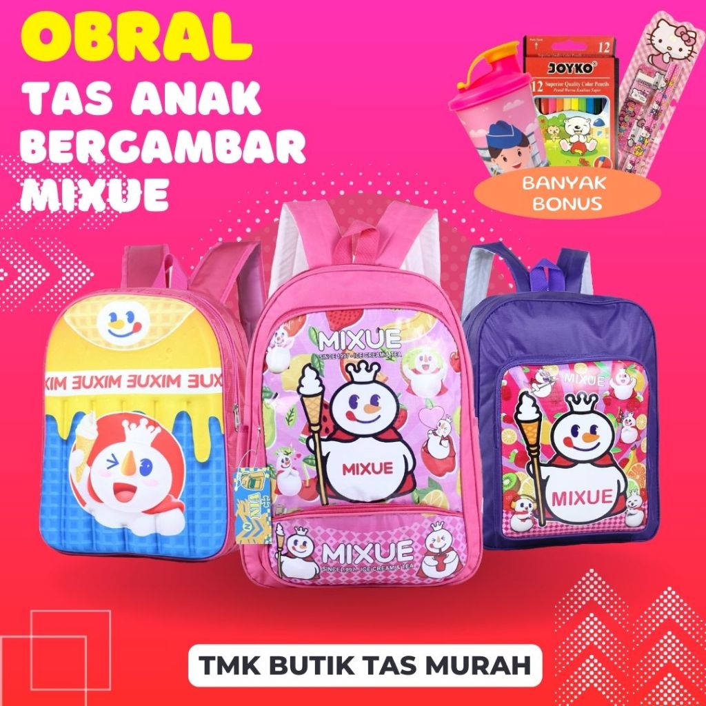 OBRAL Tas Anak Bergambar Karakter Mixue Lucu Imut Warna Pink Ungu Banyak Ruang Banyak Bonus Tas Pere
