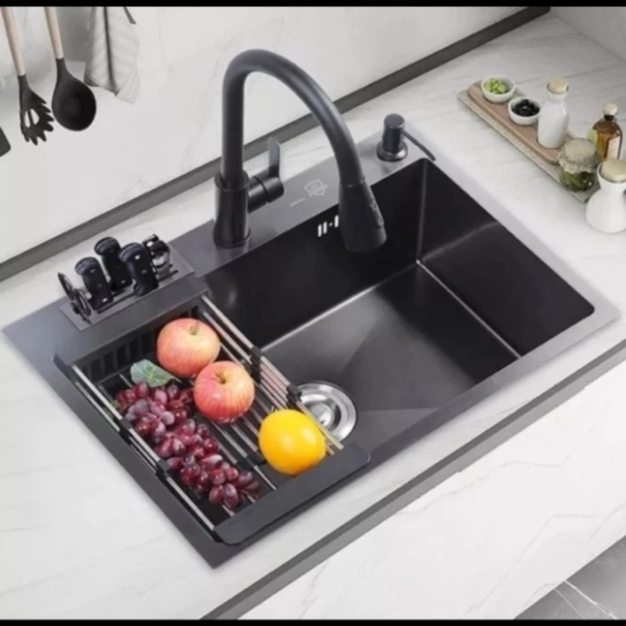 Kitchen Sink 1 Bowl 6045 Black Plus Tempat Pisau Bak Cuci Piring 1 Lubang Hitam Stainless 304