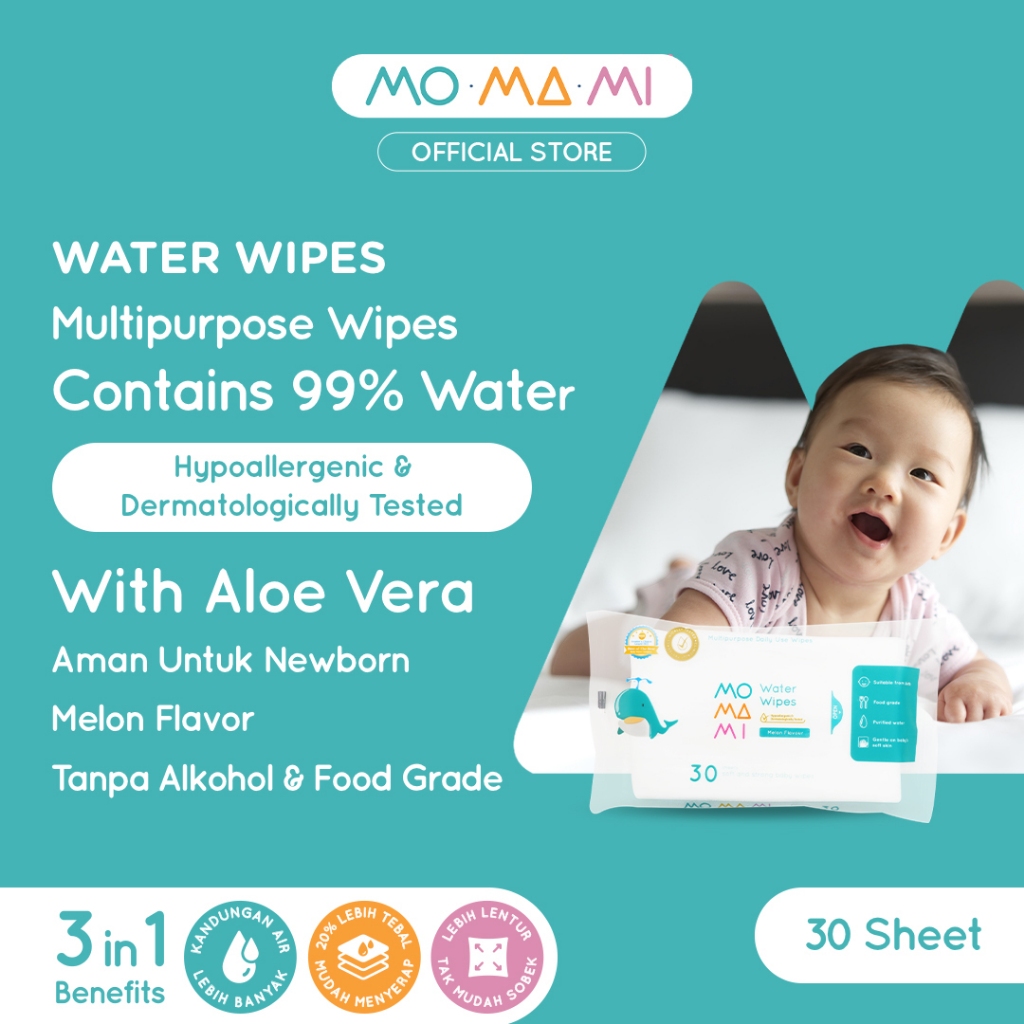 Momami Wet Tissue Baby Bundle Water Wipes - Tisu Basah 99% Air Murni Untuk Bayi (30 Lembar) - Tisu B