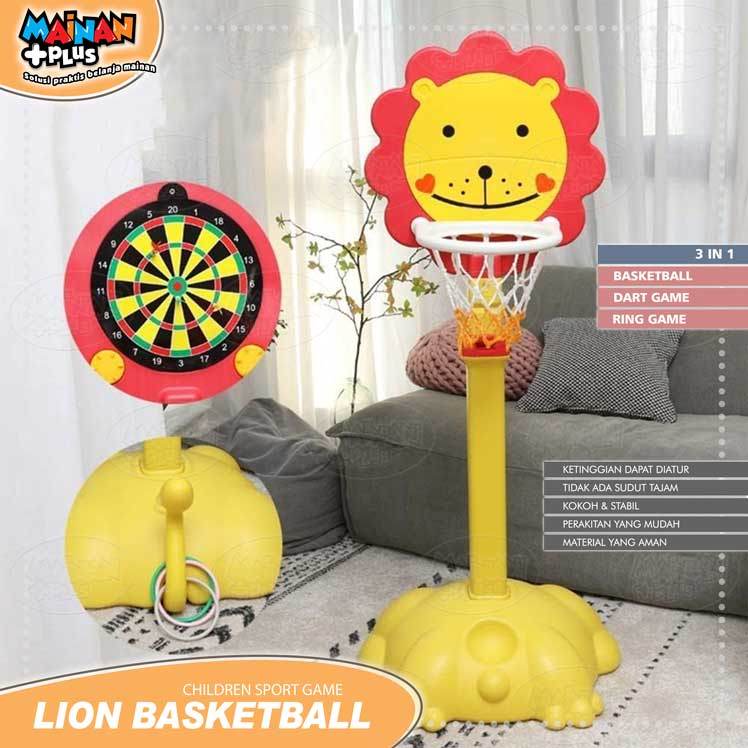 Mainan Bola Basket 3 in 1 Dart Ring Game Lion Basketball Stand