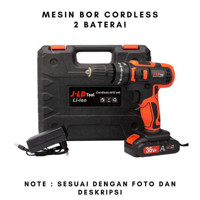 Mesin Bor Impact Drill JLD Bisa Bolak Balik Bor Tangan Baterai 36VF Bor Cas 10mm Lengkap Koper