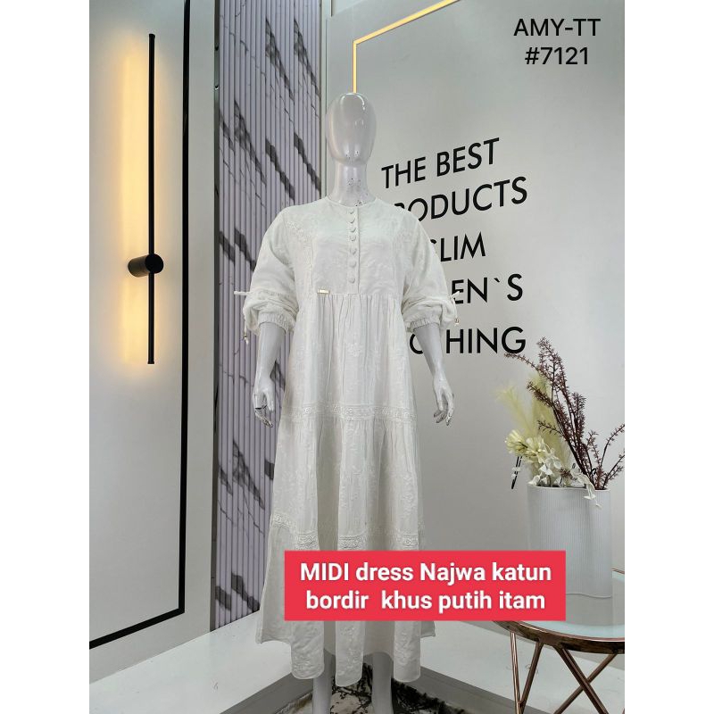 MIDI dress Najwa katun bordir khus putih itam